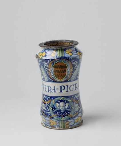 Albarello, multicolored painted with a coat of arms featuring the head of a griffin on either side and a scroll with inscription: JERA PIGRA