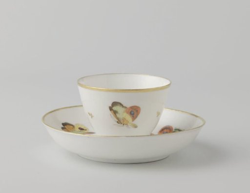 Cup and saucer painted with butterflies and dragonflies