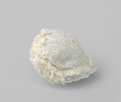 Cap for doll with white embroidery and gathered Valenciennes lace inserts