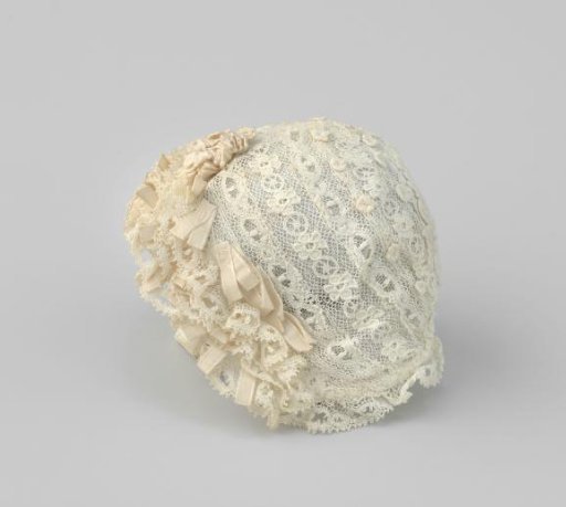White lace cap for doll with gathered lace inserts