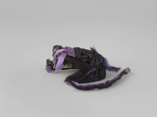Hat, bonnet model, of black silk, with purple ribbon and lace