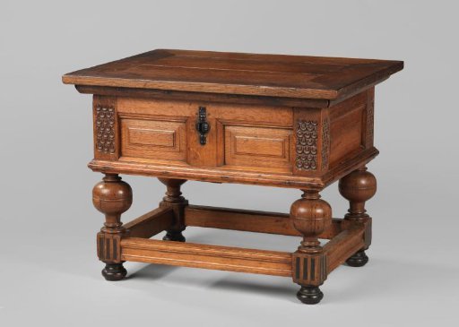 Payment table with corner posts above the legs scaled with coins