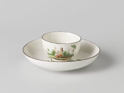 Cup without handle and saucer, polychrome painted with a woman in a landscape with rocaille ornament