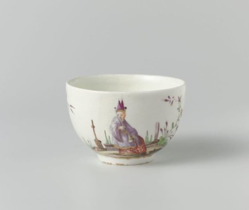 Head without an ear, multicolored painted with chinoiserie and loose flower branches along the edges