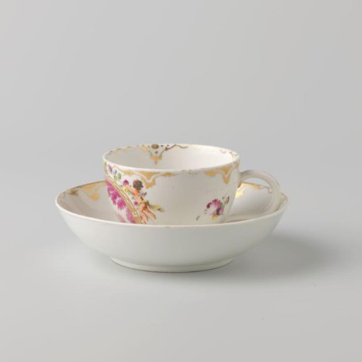 Cup and saucer with a medallion depicting a country road