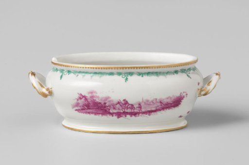 Tureen, painted with figures in landscapes and some scattered flowers