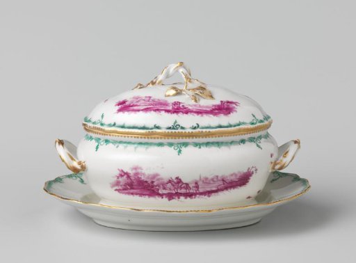 Tureen, painted with figures in landscapes and some wildflowers