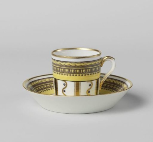 Cup and saucer painted with vertical gold and black stripes in six panels