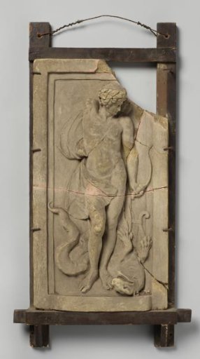 Relief in gray unglazed clay, depicting Apollo