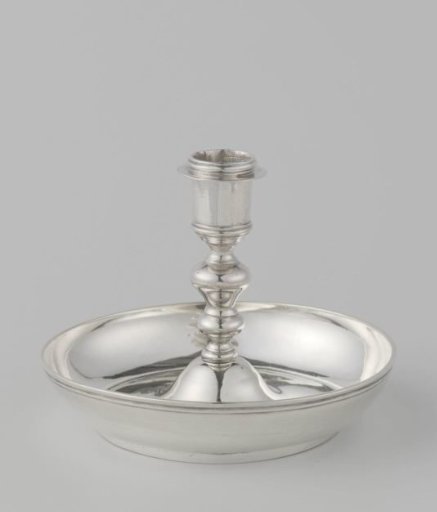 Silver blaker, bowl-shaped leaf with stem supporting a cylindrical candlestick with a narrow drip pan.