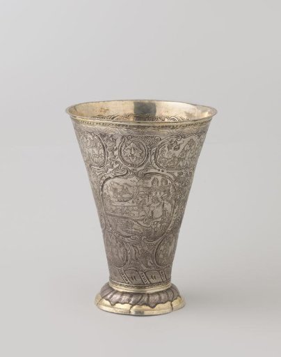 Cup of silver, partially gilded, on vaulted foot. Entirely engraved. False?