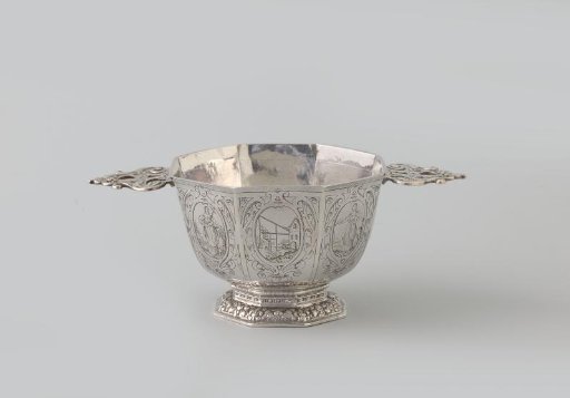 Silver brandy bowl with a high, octagonal, engraved bowl and with two cast horizontal scrollwork handles. False?
