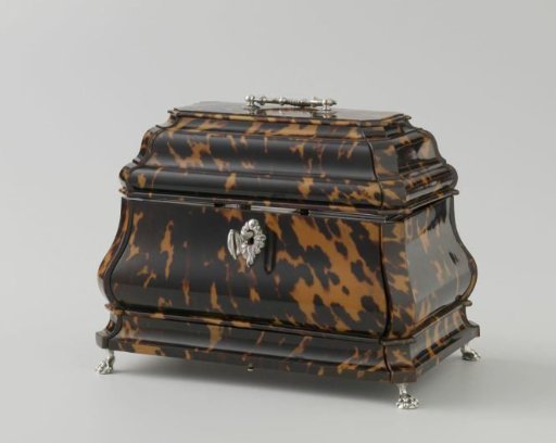 Tea caddy of tortoiseshell with three silver rectangular boxes