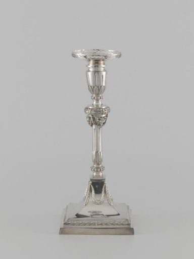 Silver Candlestick with Square Foot and Round Stem, Candleholder and Loose Grease Catcher.