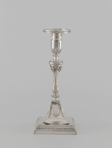 Silver Candlestick with Square Foot and Round Stem, Candleholder and Loose Grease Catcher.