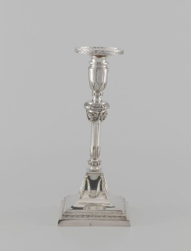 Silver Candlestick with Square Foot and Round Stem, Candleholder and Loose Grease Catcher.