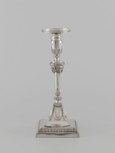 Silver candlestick with square foot and round stem, candle holder and separate drip pan.