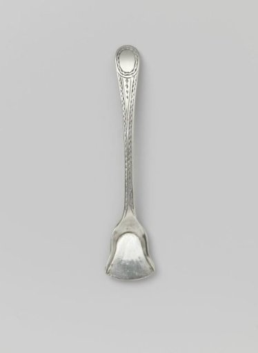 Salt spoon, ladle-shaped with an engraved stem and oval at the tip