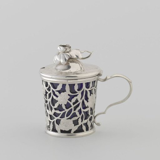 Mustard pot with pierced wall with engraved flower branches