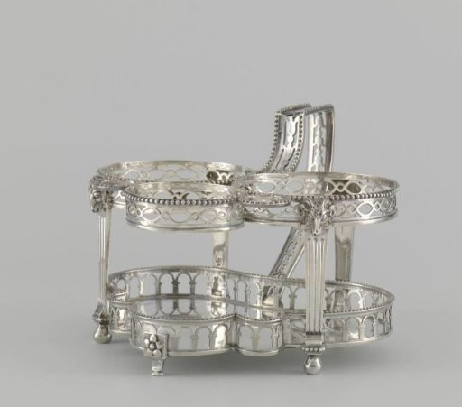 Holder for an oil and vinegar set consisting of two glass bottles and a silver pepper shaker