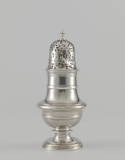 Pepper shaker from an oil and vinegar set consisting of two bottles and a pepper shaker in a three-lobed holder