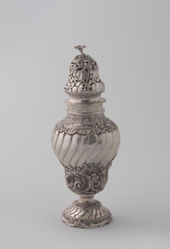 Silver sugar caster, inverted pear-shaped on an arched foot with a twisted openwork cover, decorated with rocailles, vines, flowers and birds.