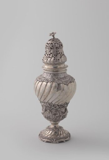 Silver sugar caster, inverted pear-shaped on an arched foot with a twisted openwork cover decorated with chased rocailles, vines, flowers and birds.