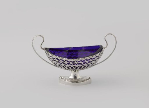 Salt cellar, pointed oval, with openwork sides and pearl borders