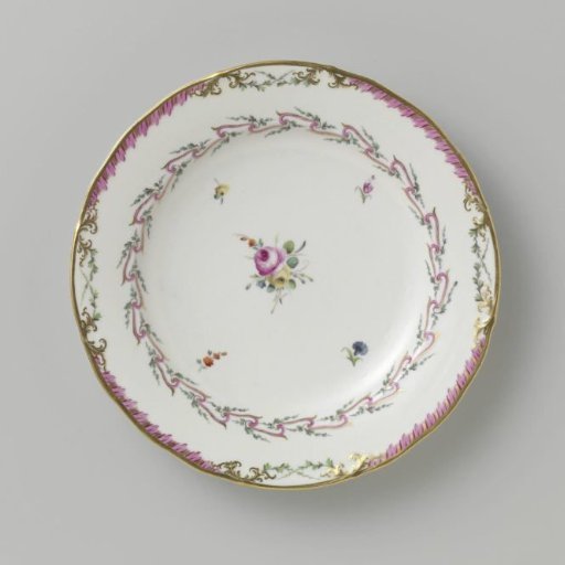 Plate, flat model, belonging to a service with a swirled ribbon motif with leafy branches, floral bouquets and scattered flower branches