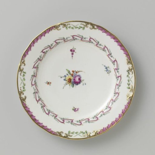 Plate, Flat Model, Belonging to a Service with a Swirling Ribbon Motif Featuring Leafy Branches, Flower Bouquets, and Scattered Flower Branches