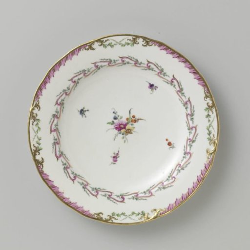 Plate, Flat Model, Belonging to a Service with a Swirling Ribbon Motif Featuring Leafy Branches, Flower Bouquets, and Scattered Flower Branches