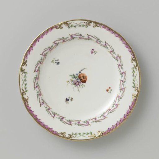 Plate, Flat Model, Belonging to a Service with a Swirling Ribbon Motif Featuring Leafy Branches, Flower Bouquets, and Scattered Flower Branches