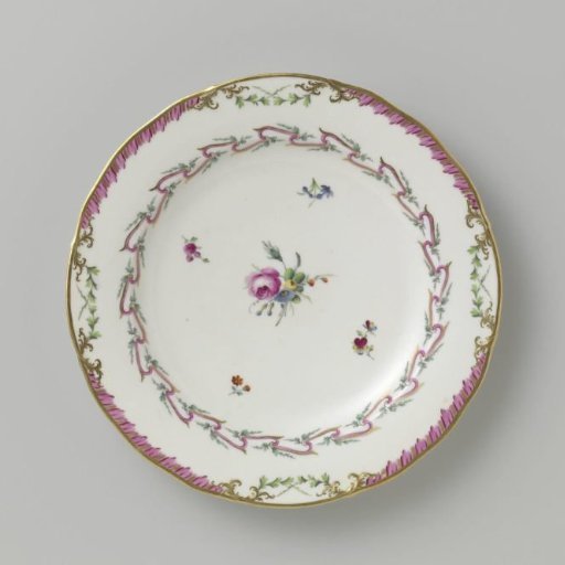 Plate, flat model, belonging to a service with a swagged ribbon motif with leafy branches, floral bouquets, and scattered flower branches