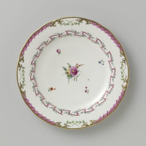 Plate, flat model, belonging to a service with a swagged ribbon motif with leafy branches, floral bouquets, and scattered flower branches