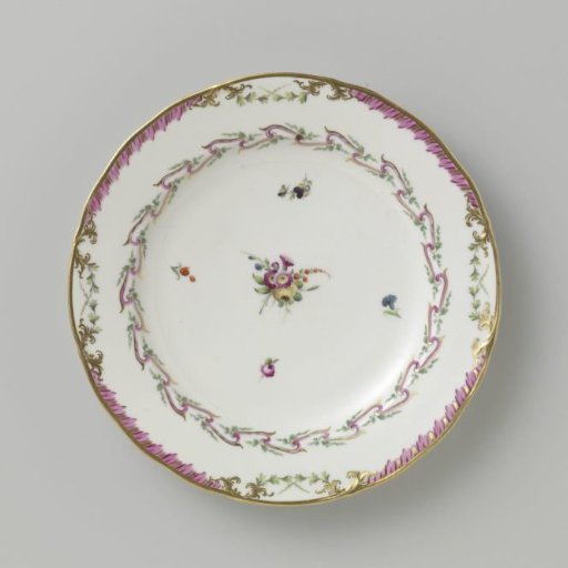 Plate, flat model, belonging to a service with a swagged ribbon motif with leafy branches, floral bouquets, and scattered flower branches