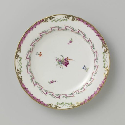 Plate, flat model, belonging to a service with a swagged ribbon motif with leafy branches, floral bouquets, and scattered flower branches