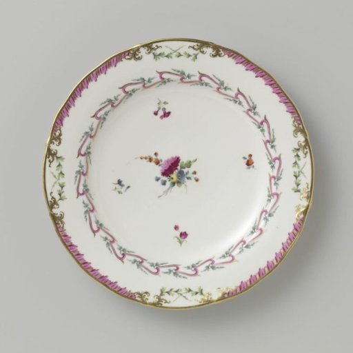 Plate, Flat Model, Belonging to a Service with a Swirling Ribbon Motif Featuring Leafy Branches, Bouquets of Flowers, and Scattered Flower Branches