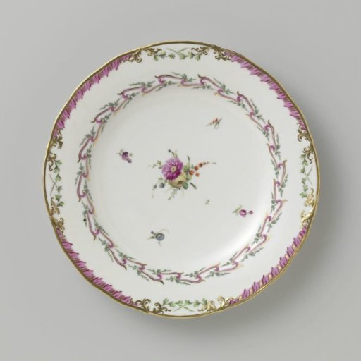 Plate, Flat Model, Belonging to a Service with a Swirling Ribbon Motif Featuring Leafy Branches, Bouquets of Flowers, and Scattered Flower Branches