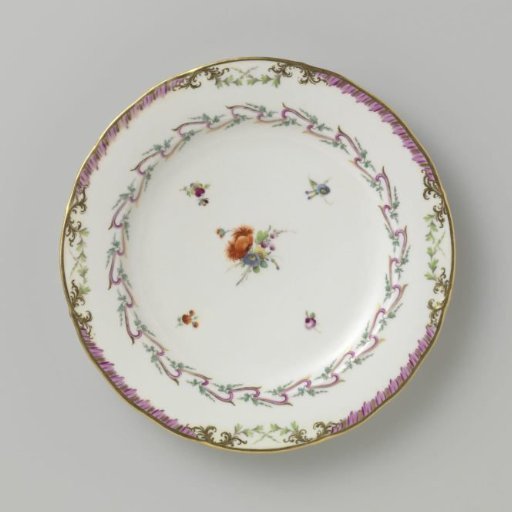 Plate, flat model, belonging to a service with a swirled ribbon motif with leafy branches, floral bouquets and scattered flower branches