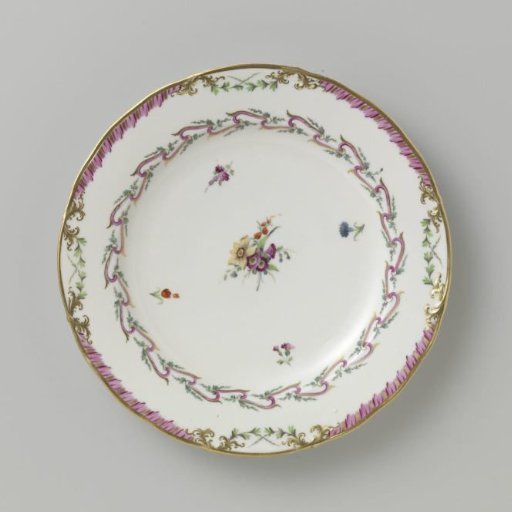 Plate, flat model, belonging to a service with a swirled ribbon motif with leafy branches, floral bouquets and scattered flower branches