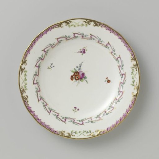 Plate, flat model, belonging to a service with a swirled ribbon motif with leafy branches, floral bouquets and scattered flower branches