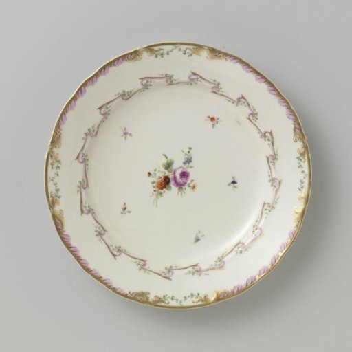 Plate, flat model, belonging to a service with a swirled ribbon motif with leafy branches, floral bouquets and scattered flower branches