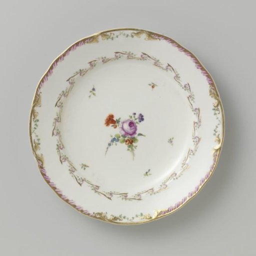 Plate, flat model, belonging to a service with a swirled ribbon motif with leafy branches, floral bouquets and scattered flower branches