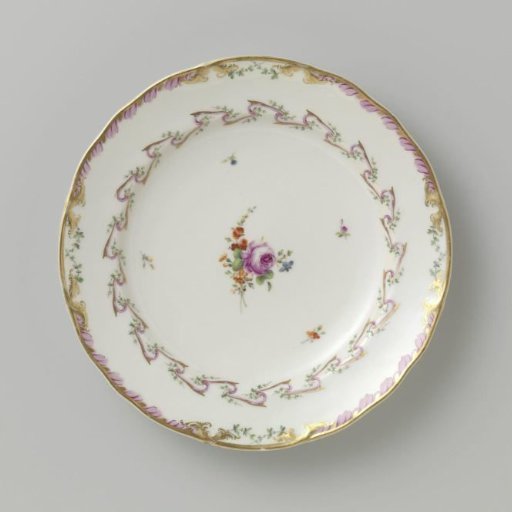 Plate, flat model, belonging to a service with a swirled ribbon motif with leafy branches, floral bouquets, and scattered flower branches