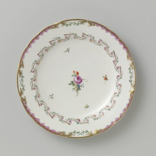 Plate, flat model, belonging to a service with a swirled ribbon motif with leafy branches, floral bouquets, and scattered flower branches
