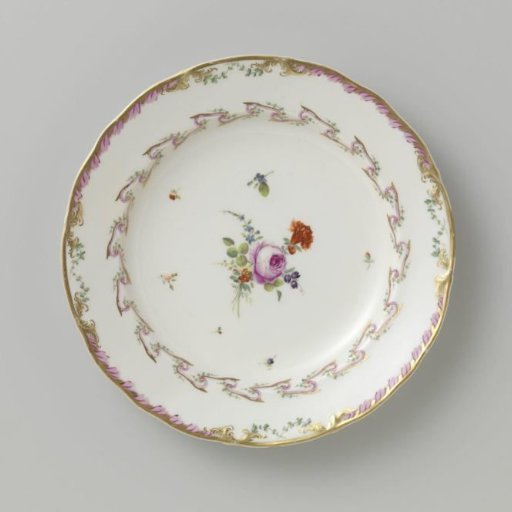 Plate, flat model, belonging to a service with a swirled ribbon motif with leafy branches, floral bouquets, and scattered flower branches