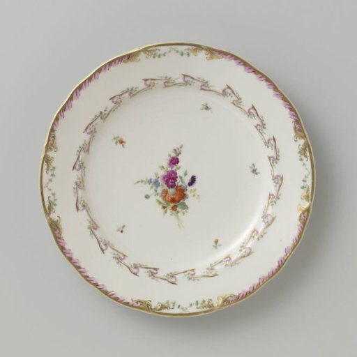 Plate, flat model, belonging to a service with a swirled ribbon motif featuring leafy branches, floral bouquets, and scattered flower branches