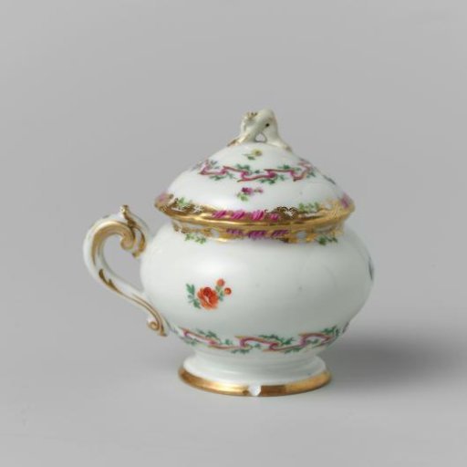 Lid with a swirled ribbon motif with leafy branches, floral bouquets, and scattered flower branches