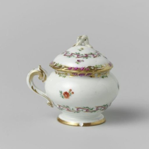 Paste pot, round, with lid and handle, belonging to a service with a swirled ribbon motif with leafy branches, floral bouquets and scattered flower branches
