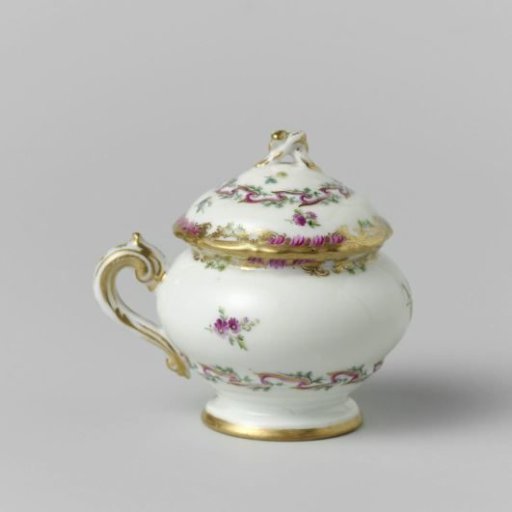 Paste pot, round, with lid and handle, belonging to a service with a swirled ribbon motif with leafy branches, floral bouquets and scattered flower branches